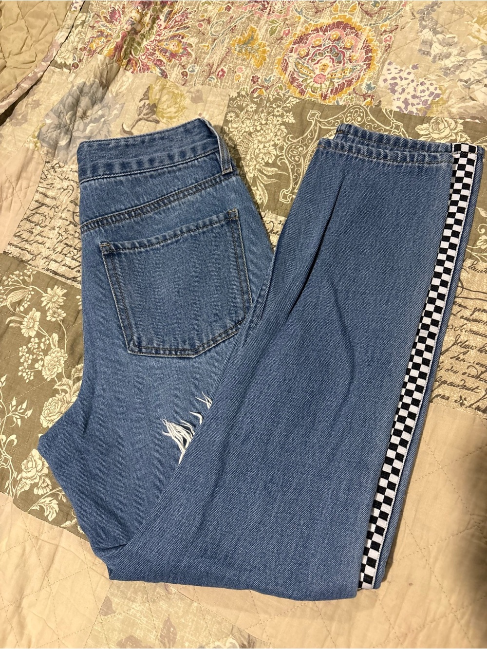 Empyre Blue Distressed Boyfriend Jeans with Checker Trim